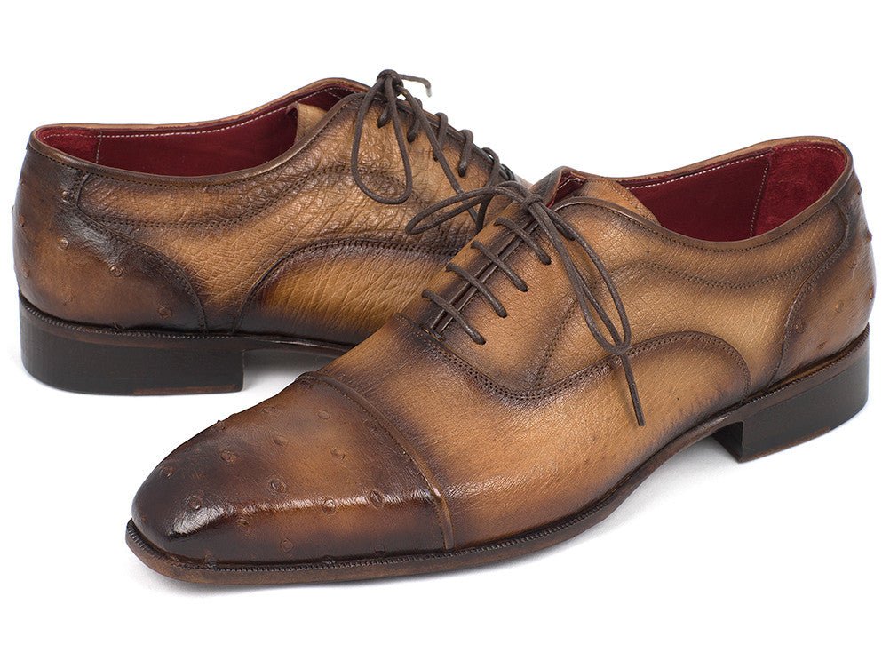 Paul Parkman Men's Genuine Ostrich Captoe Oxfords Camel Color (ID#24XS-CML) - Image 2