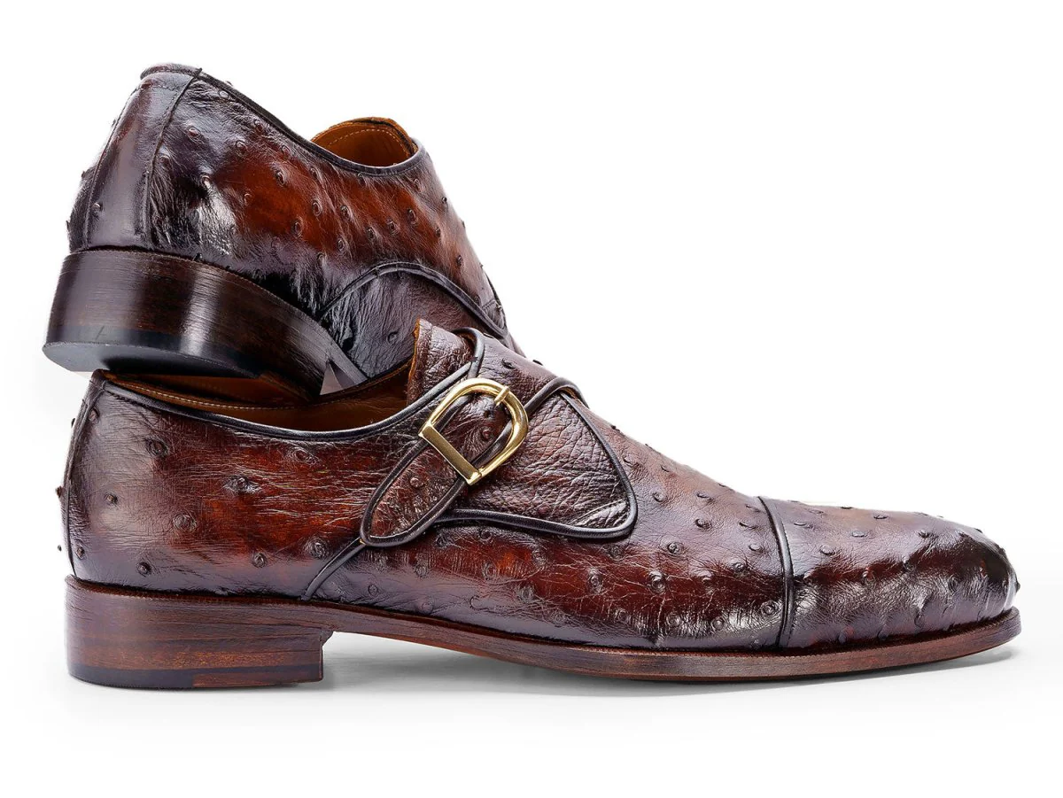Paul Parkman Men's Genuine Ostrich Skin Monkstrap Shoes Brown (ID#91BRW68) - Image 3