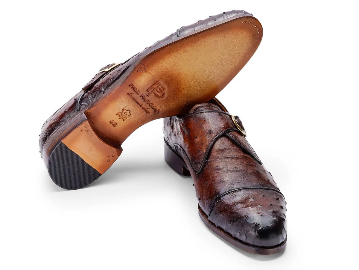 Paul Parkman Men's Genuine Ostrich Skin Monkstrap Shoes Brown (ID#91BRW68) - Image 4