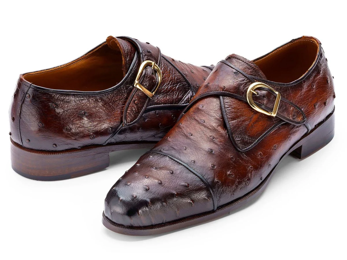 Paul Parkman Men's Genuine Ostrich Skin Monkstrap Shoes in Brown - Image 2