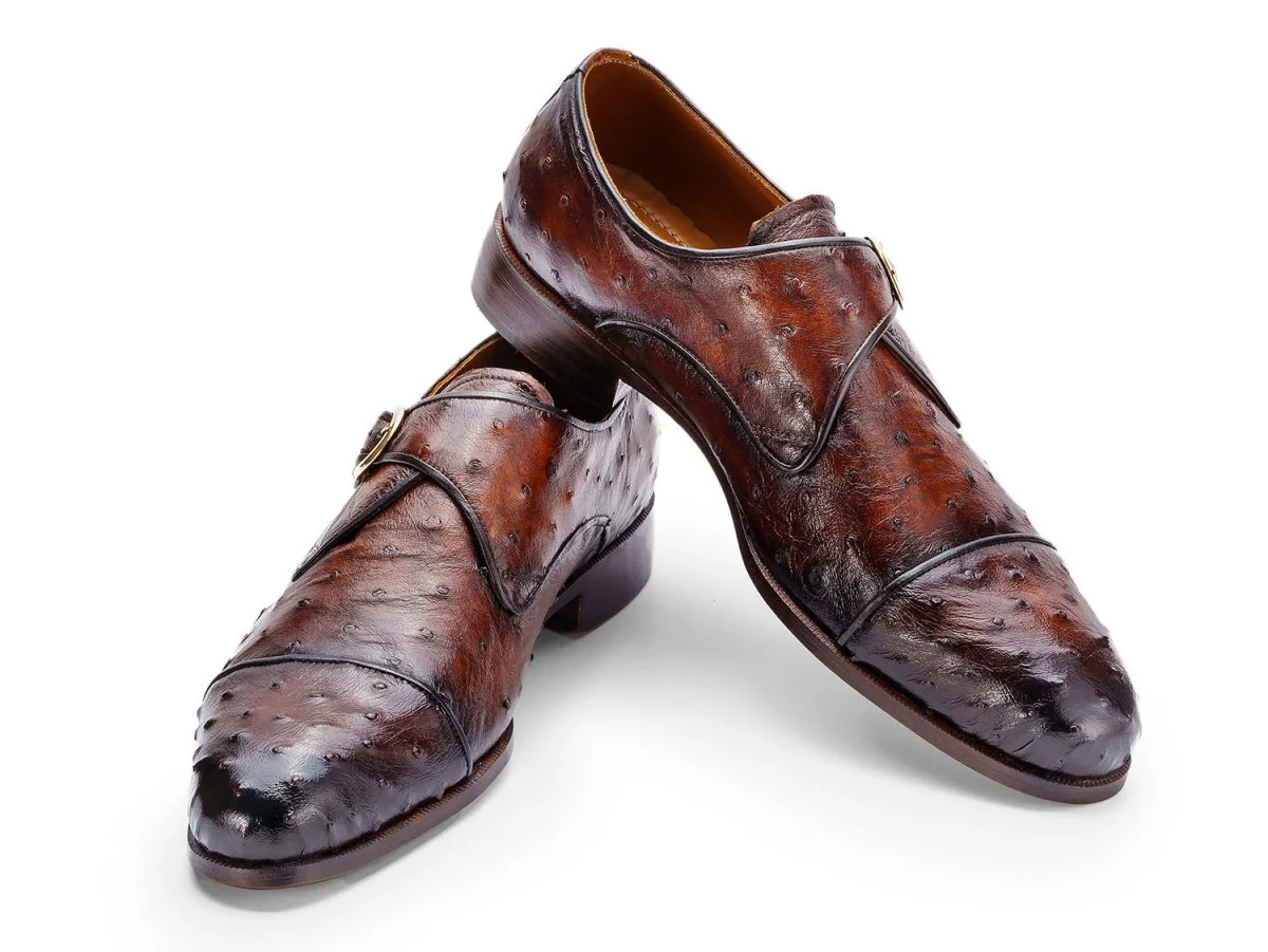 Paul Parkman Men's Genuine Ostrich Skin Monkstrap Shoes in Brown - Image 5