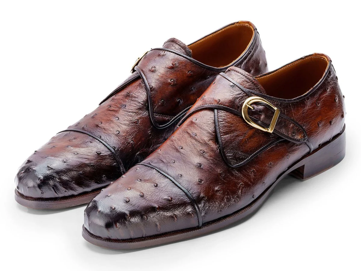 Paul Parkman Men's Genuine Ostrich Skin Monkstrap Shoes in Brown - Image 6