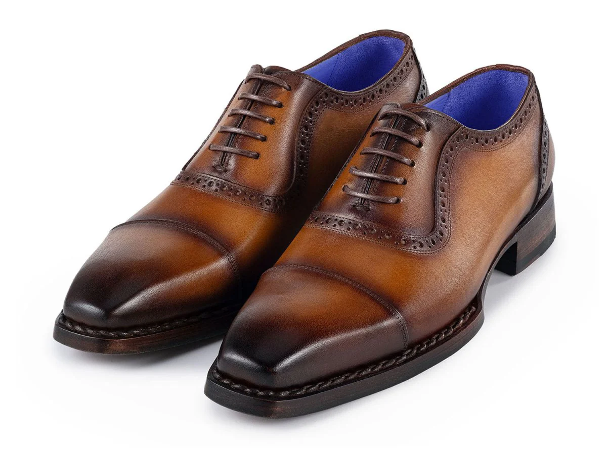 Paul Parkman Men's Goodyear Welted Burnished Cap Toe Oxfords in Camel Brown - Image 6