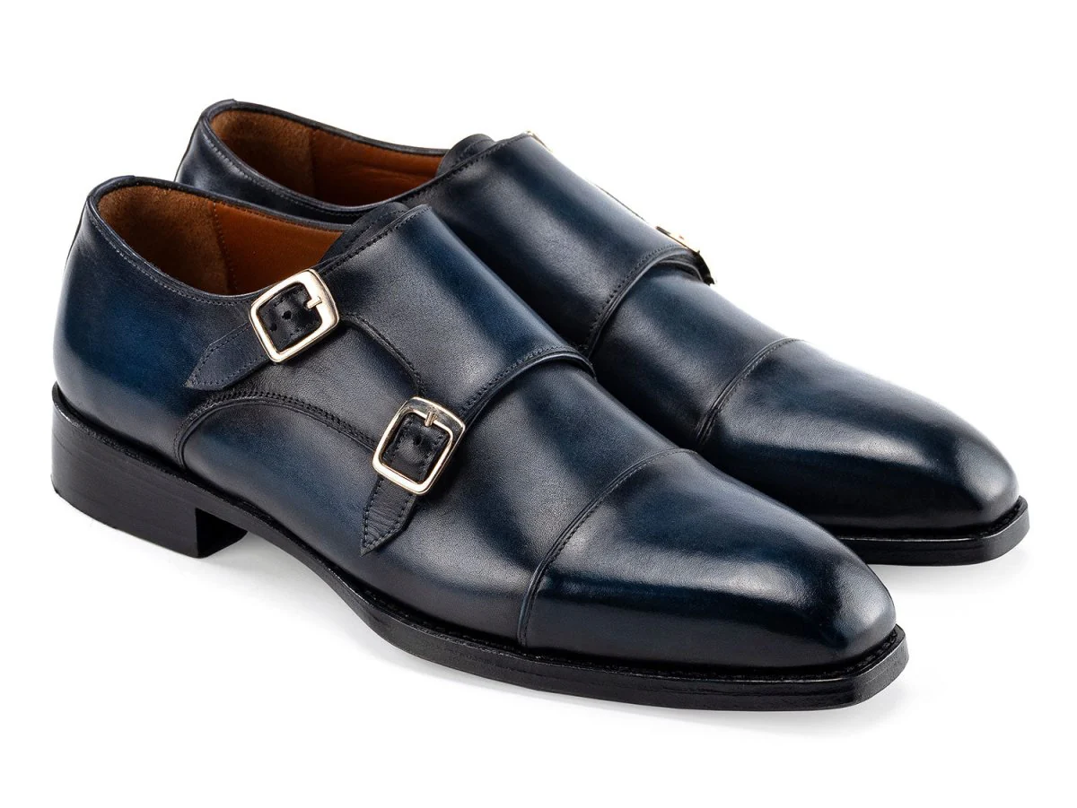 Paul Parkman Men's Goodyear Welted Double Monkstrap Shoes in Navy Blue