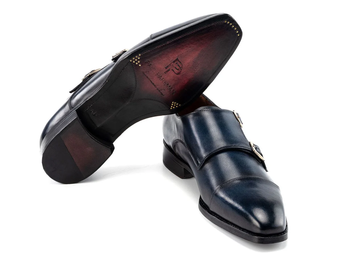 Paul Parkman Men's Goodyear Welted Double Monkstrap Shoes in Navy Blue - Image 5