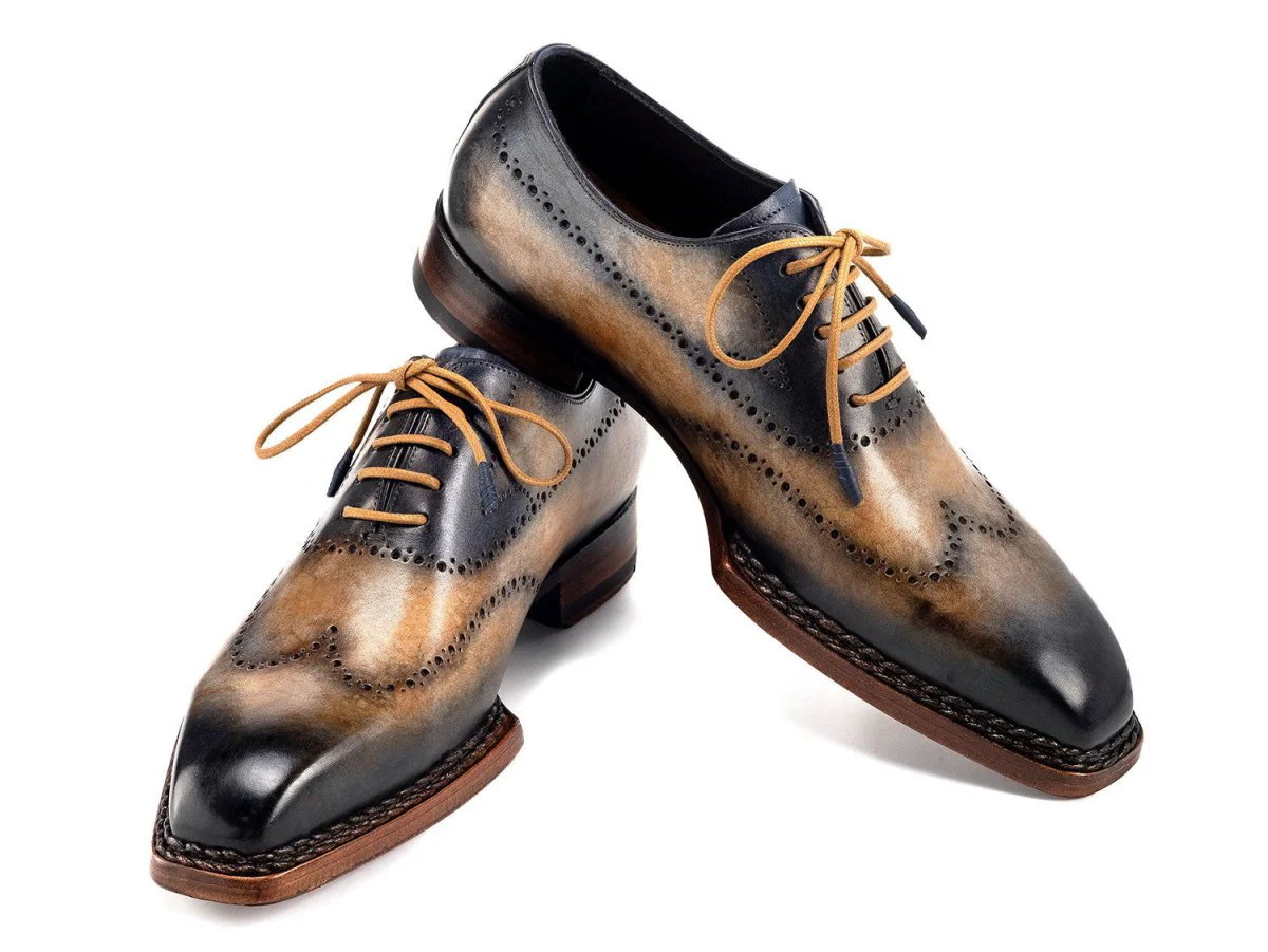 Paul Parkman Men's Goodyear Welted Wingtip Oxfords in Camel and Navy - Image 3