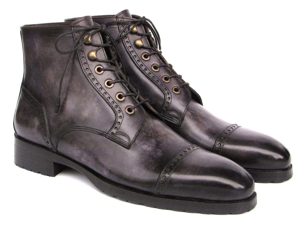 Paul Parkman Men's Gray and Black Hand-Painted Cap Toe Boots (ID#BT9566-GRY)