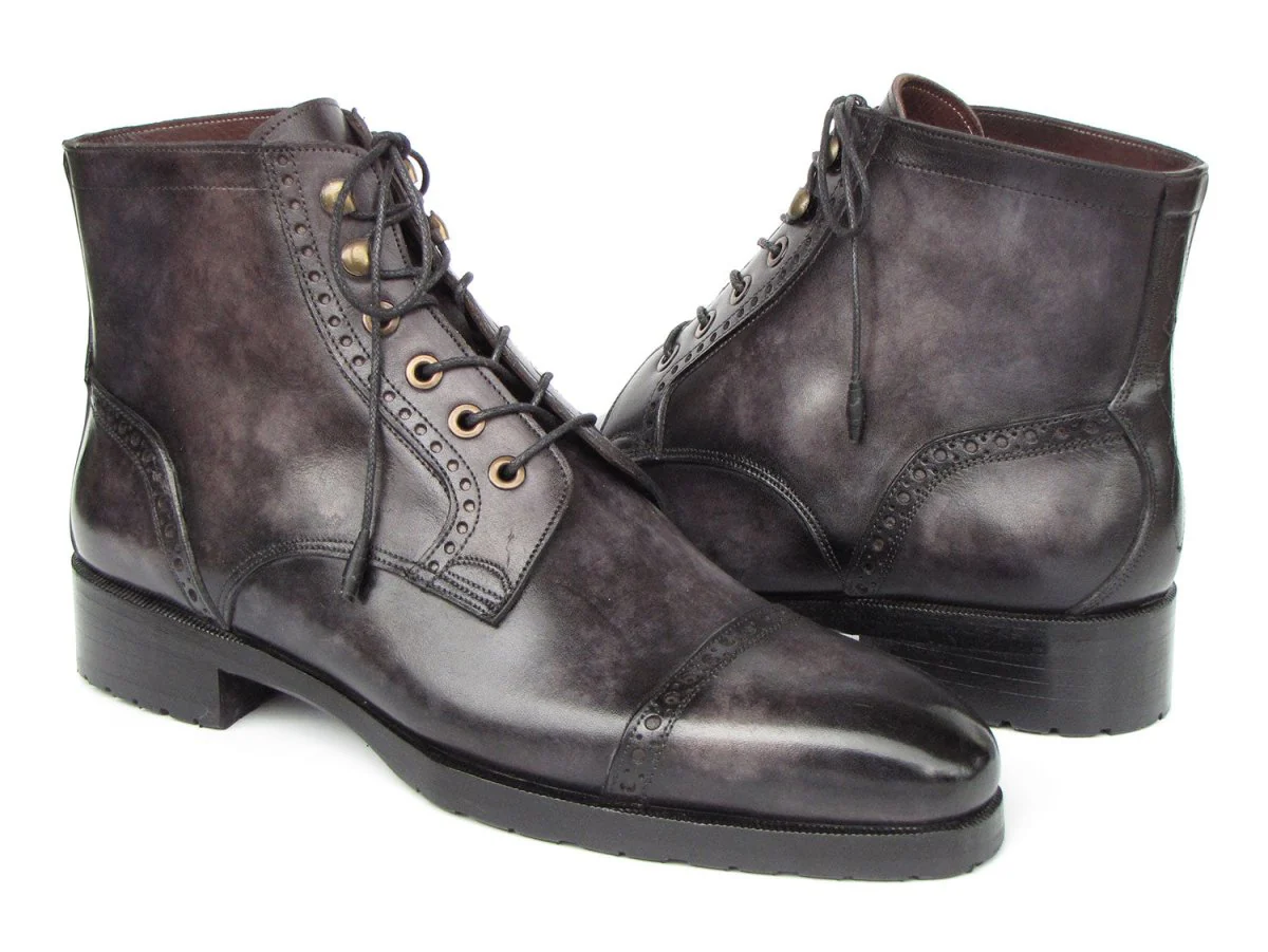 Paul Parkman Men's Gray and Black Hand-Painted Cap Toe Boots (ID#BT9566-GRY) - Image 4