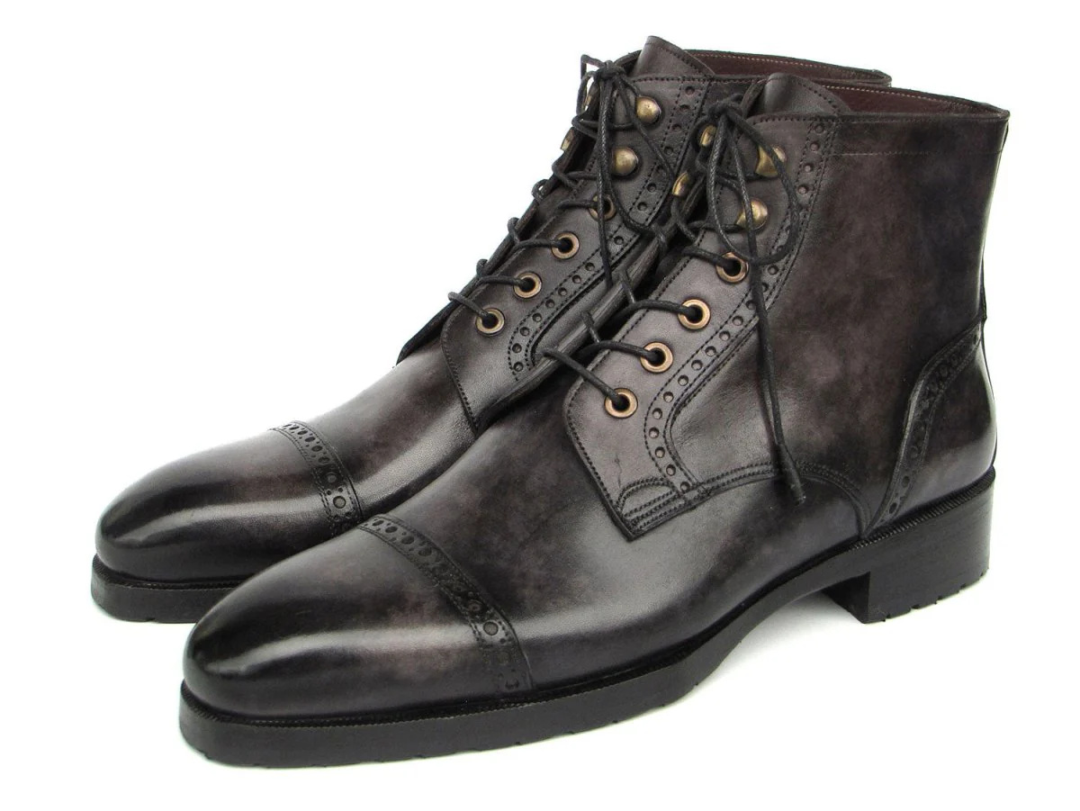Paul Parkman Men's Gray and Black Hand-Painted Cap Toe Boots (ID#BT9566-GRY) - Image 6