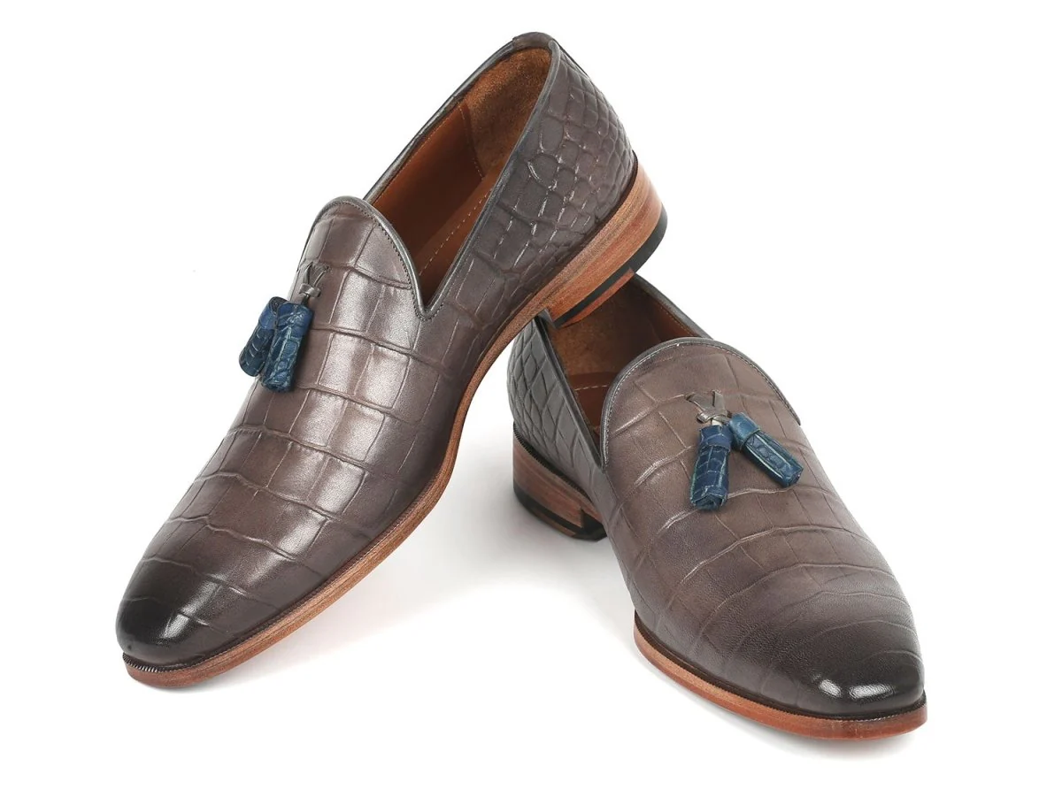 Paul Parkman Men's Gray Crocodile Embossed Calfskin Tassel Loafer (ID#745GRY96) - Image 3