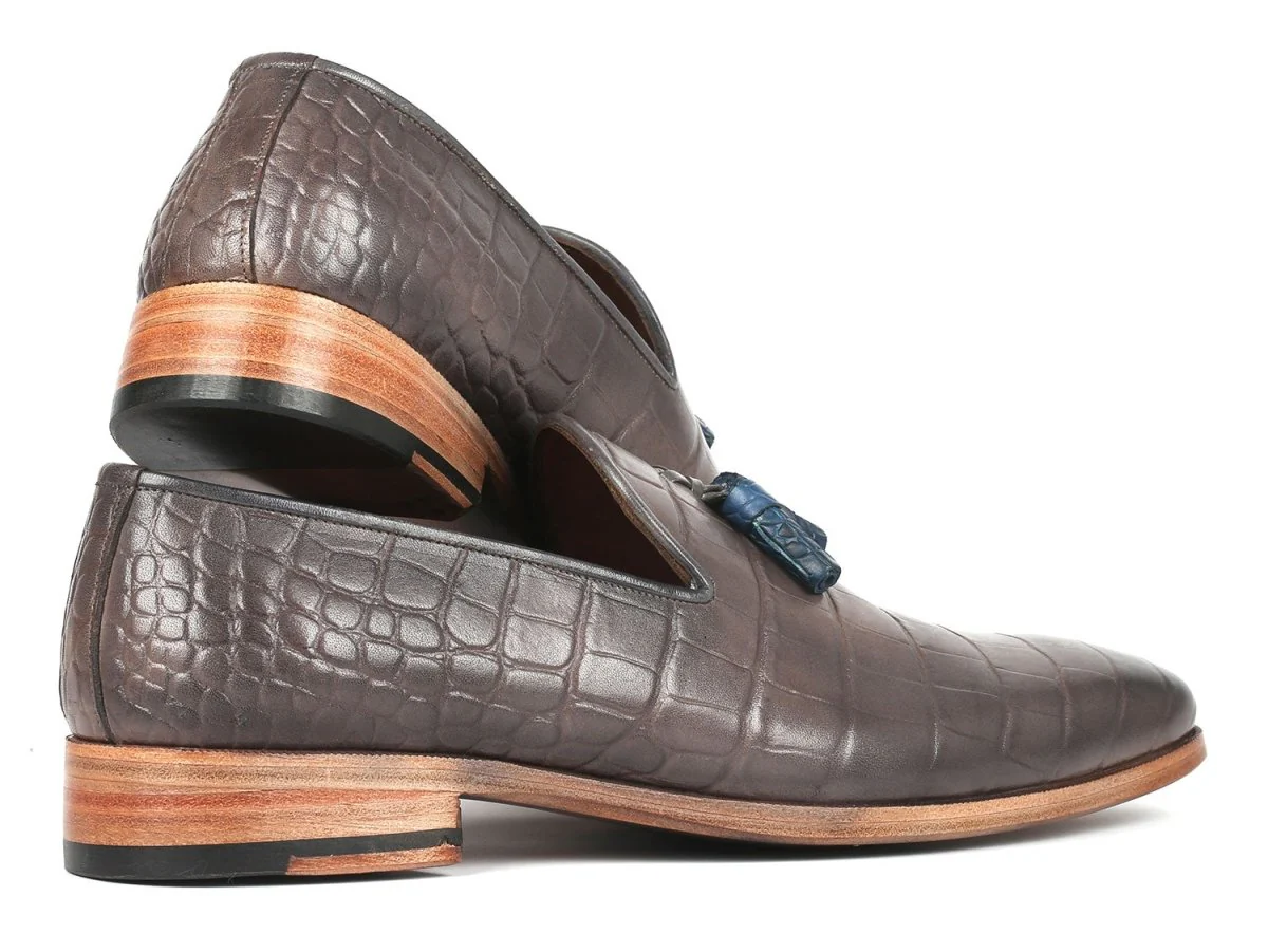 Paul Parkman Men's Gray Crocodile Embossed Calfskin Tassel Loafer (ID#745GRY96) - Image 5