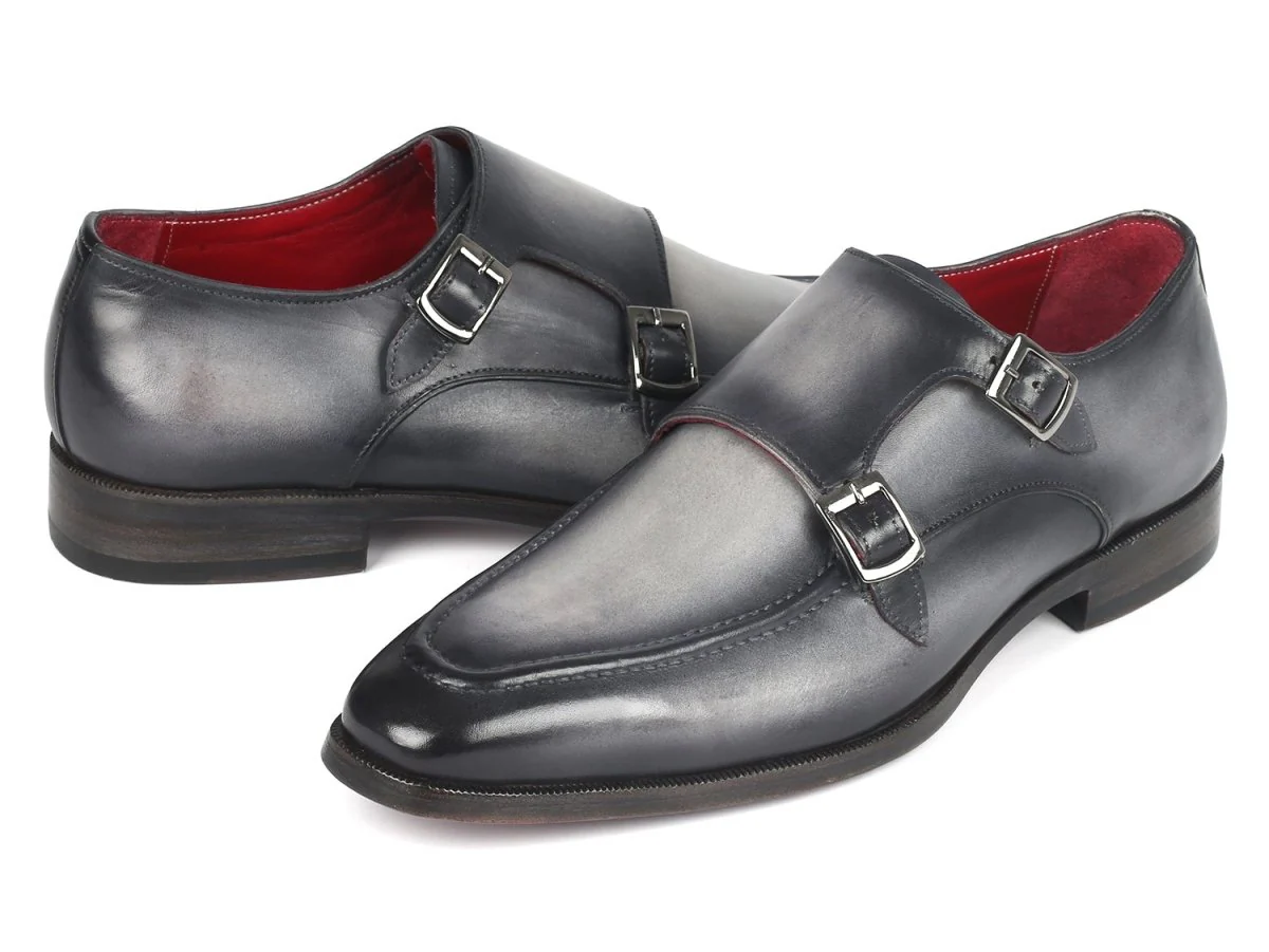 Paul Parkman Men's Gray Leather Double Monkstrap Shoes (ID#SW534GY) - Image 4