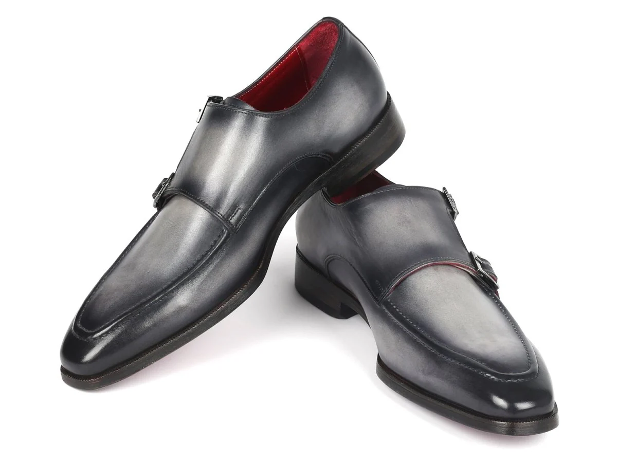 Paul Parkman Men's Gray Leather Double Monkstrap Shoes (ID#SW534GY) - Image 5