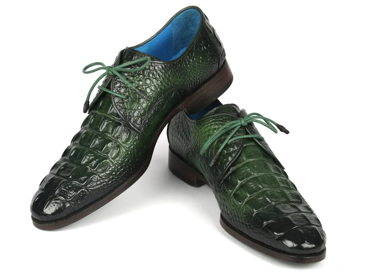 Paul Parkman Men's Green Croco Textured Leather Derby Shoes (ID#1438GRN) - Image 4