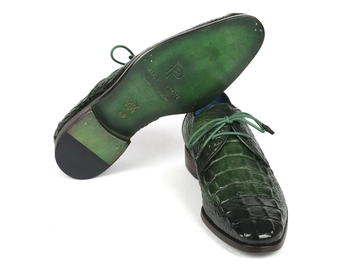 Paul Parkman Men's Green Croco Textured Leather Derby Shoes (ID#1438GRN) - Image 5