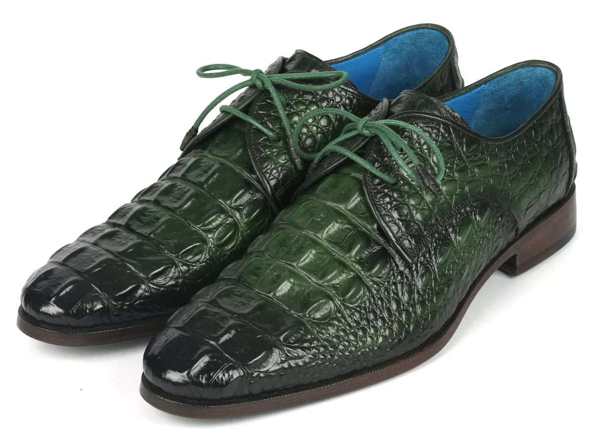 Paul Parkman Men's Green Croco Textured Leather Derby Shoes (ID#1438GRN) - Image 6