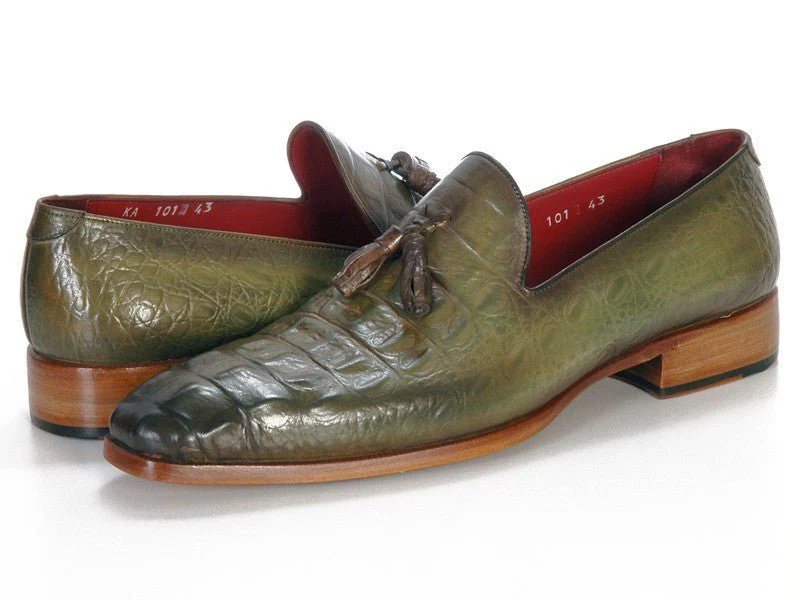 Paul Parkman Men's Green Crocodile Embossed Calfskin Tassel Loafer (ID#PP2281-GREEN) - Image 2