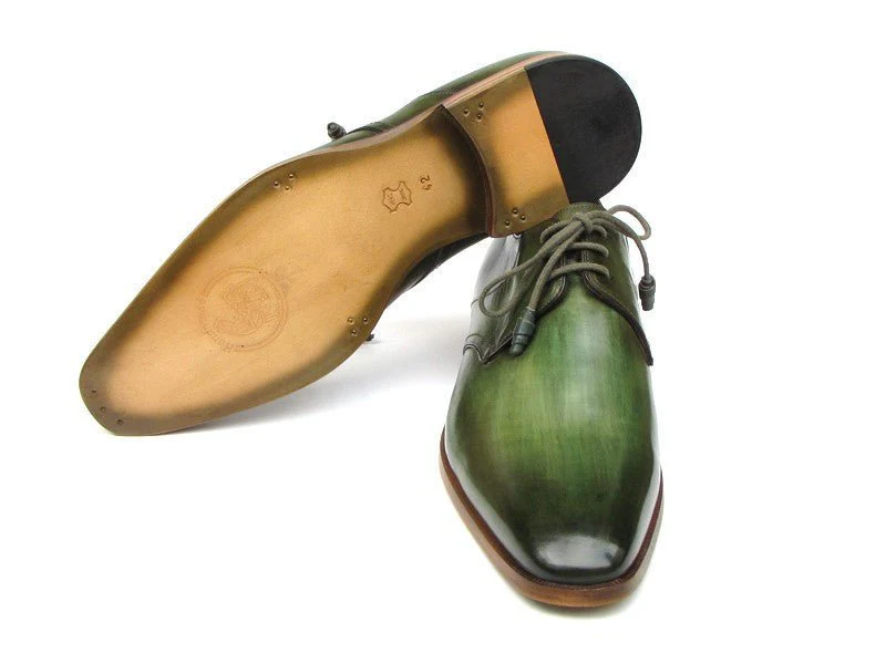 Paul Parkman Men's Green Hand-Painted Derby Shoes Leather Upper and Leather Sole (ID#059-GREEN) - Image 2