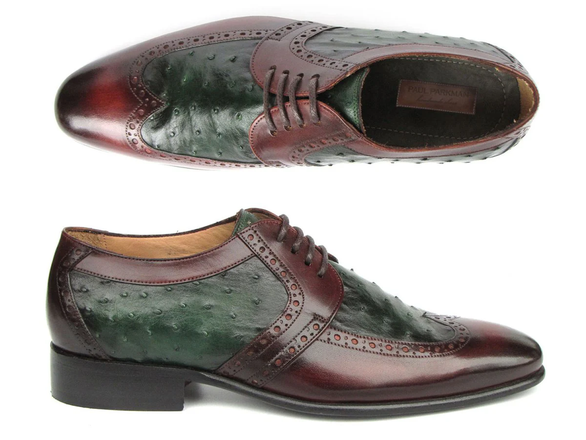 Paul Parkman Men's Green Ostrich and Brown Leather Derby Shoes
