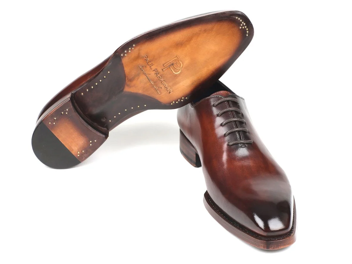 Paul Parkman Men's Hand-Painted Goodyear Welted Wholecut Oxfords in Brown - Image 4