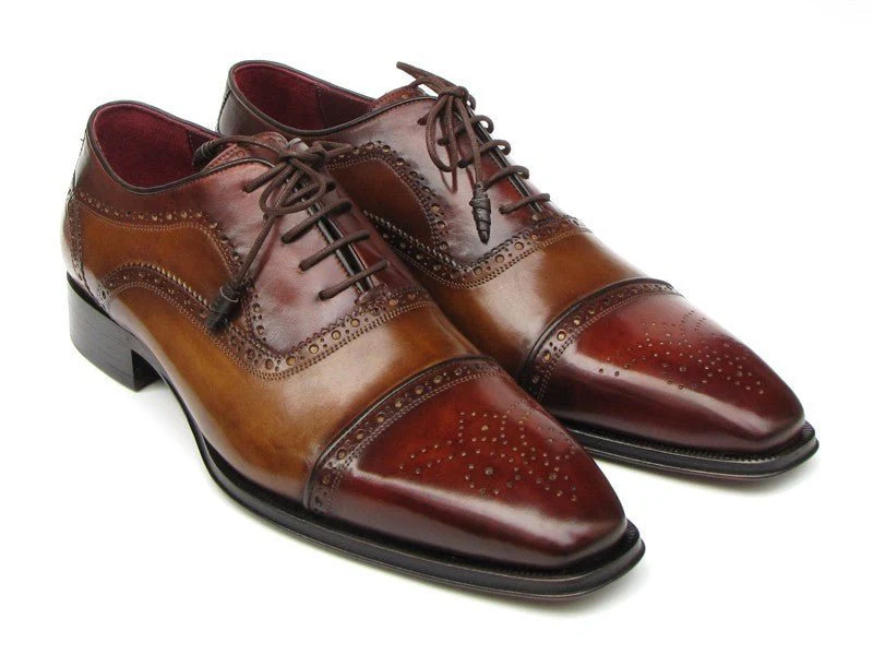 Paul Parkman Men's Hand-Painted Leather Captoe Oxfords in Camel and Red - Image 4