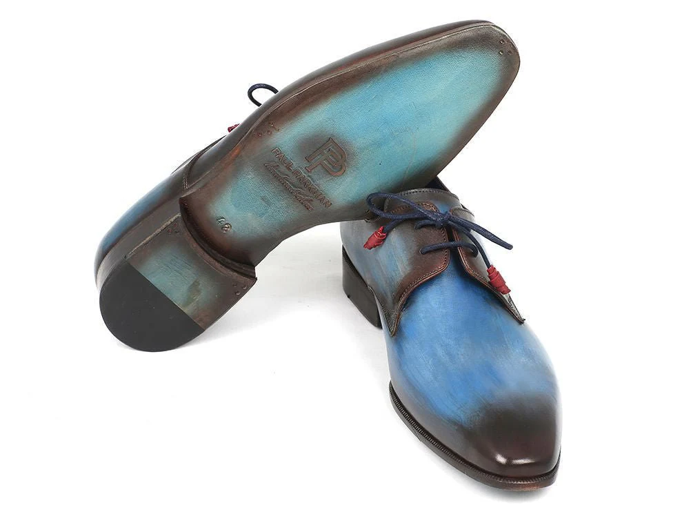 Paul Parkman Men's Hand-Painted Leather Derby Shoes in Blue and Brown - Image 3
