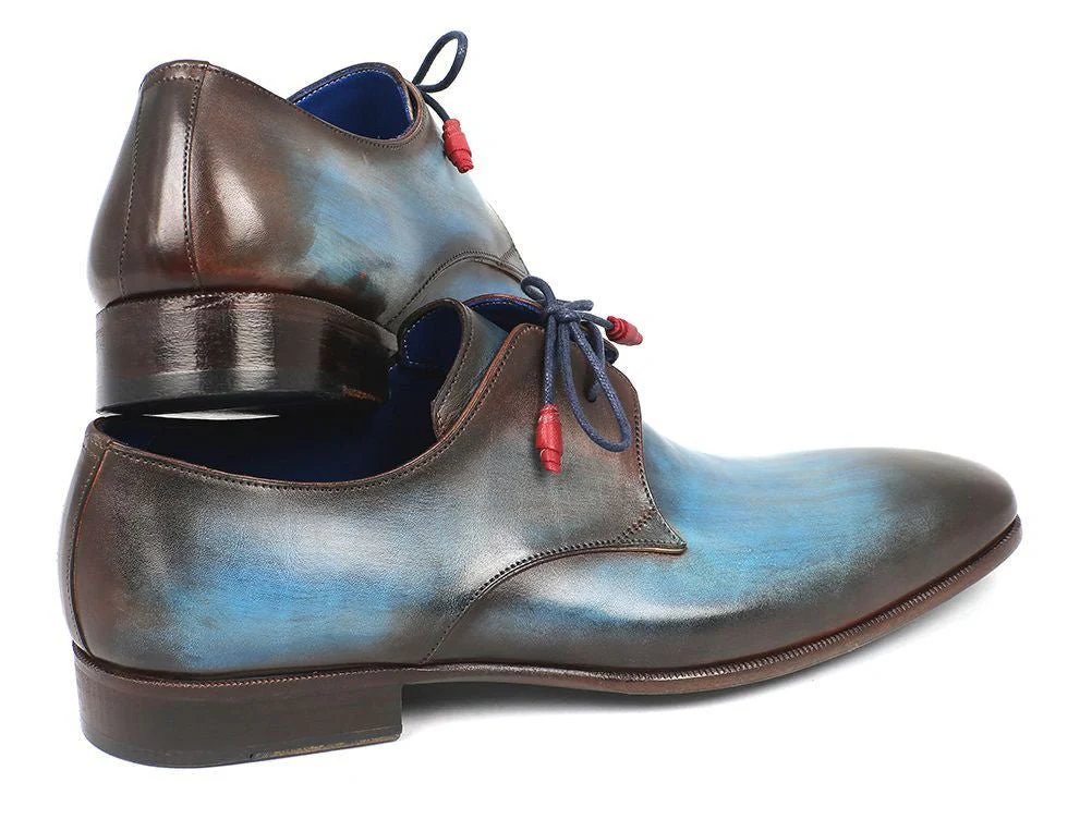 Paul Parkman Men's Hand-Painted Leather Derby Shoes in Blue and Brown - Image 4