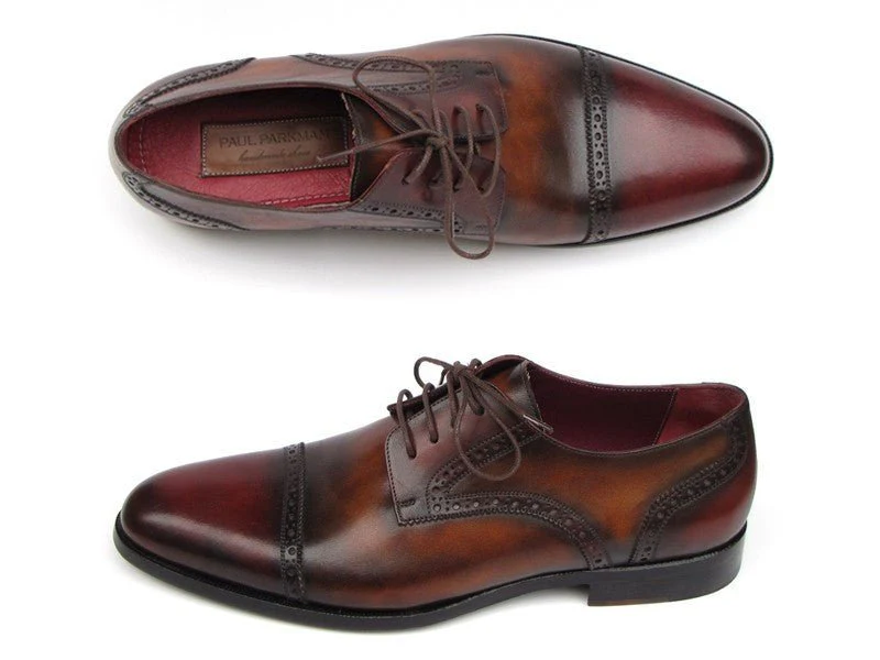 Paul Parkman Men's Hand-Painted Leather Derby Shoes in Bordeaux and Tobacco