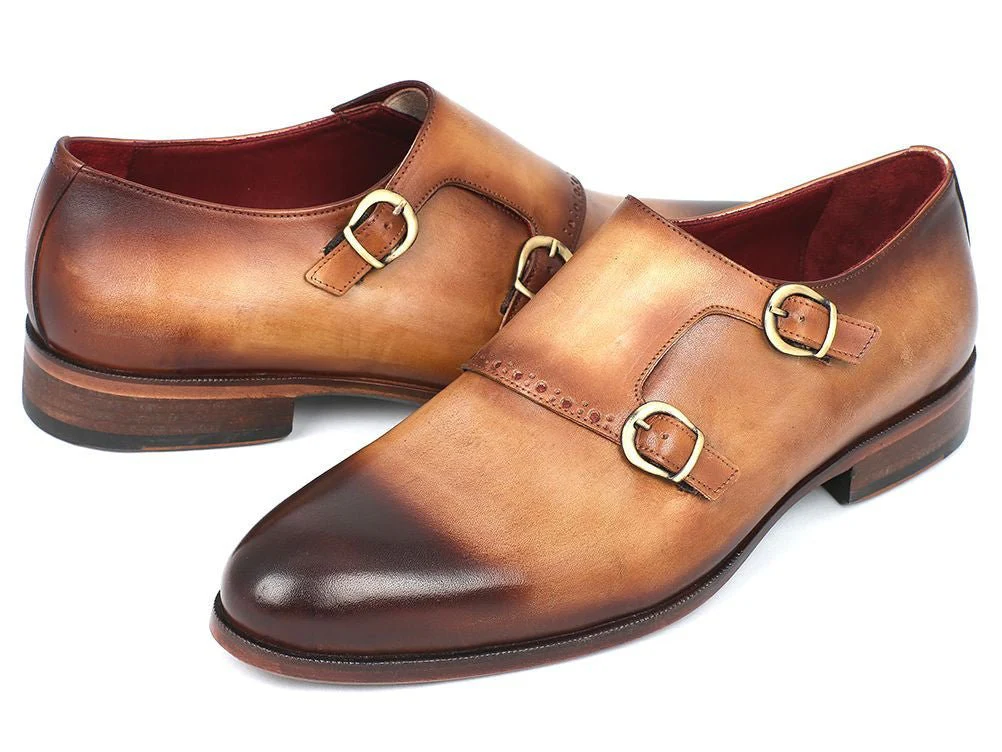 Paul Parkman Men's Hand-Painted Leather Double Monkstraps in Brown and Camel - Image 2