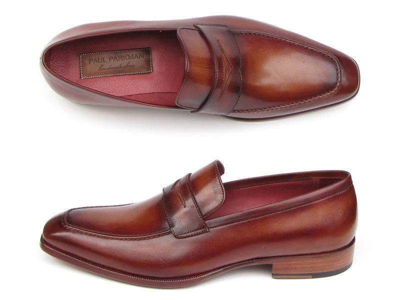 Paul Parkman Men's Hand-Painted Leather Penny Loafers in Tobacco and Bordeaux