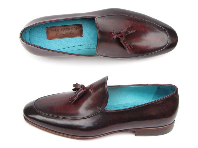 Paul Parkman Men's Hand-Painted Leather Tassel Loafers in Black and Purple