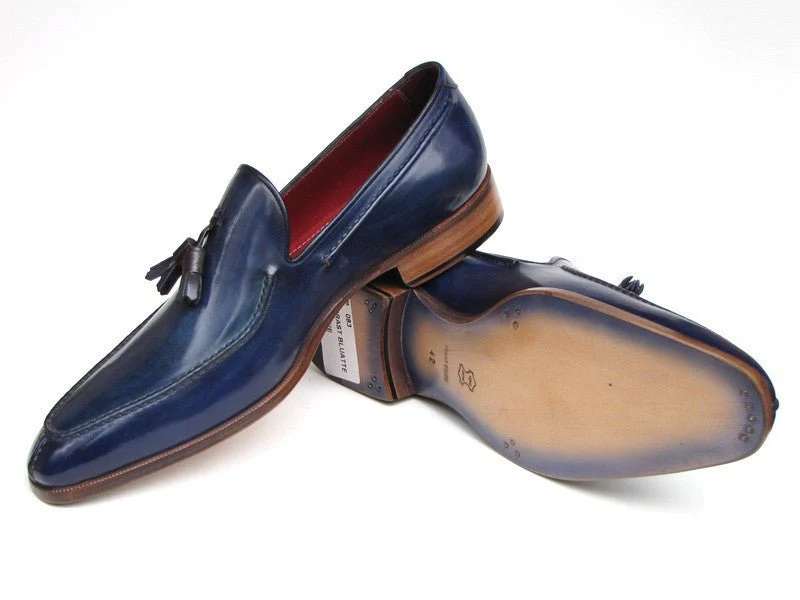 Paul Parkman Men's Hand-Painted Leather Tassel Loafers in Blue - Image 4