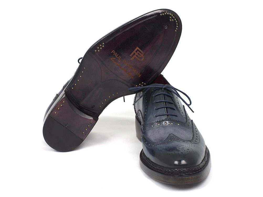 Paul Parkman Men's Hand-Painted Leather Wingtip Brogues in Blue - Image 3