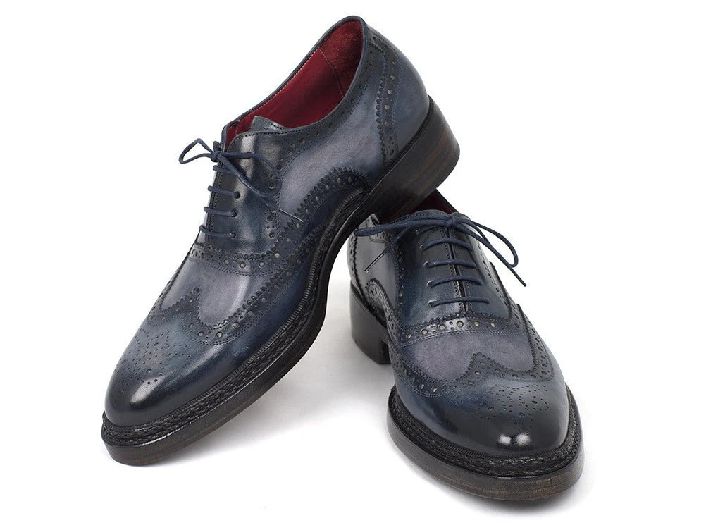 Paul Parkman Men's Hand-Painted Leather Wingtip Brogues in Blue - Image 4