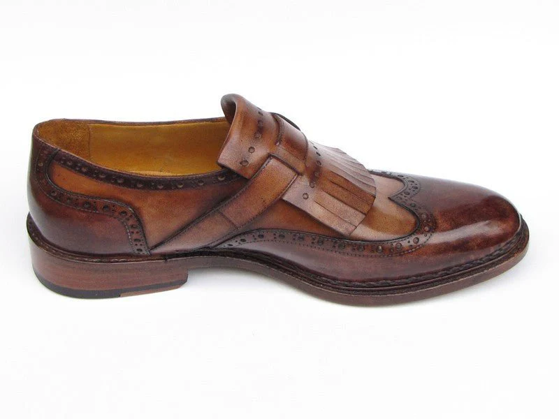 Paul Parkman Men's Hand-Painted Leather Wingtip Monkstrap Brogues in Brown - Image 4