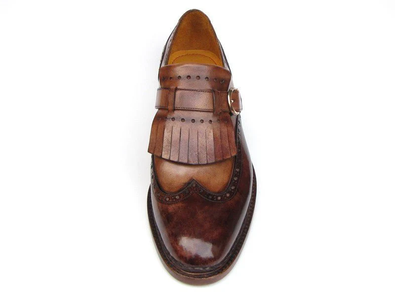 Paul Parkman Men's Hand-Painted Leather Wingtip Monkstrap Brogues in Brown - Image 6