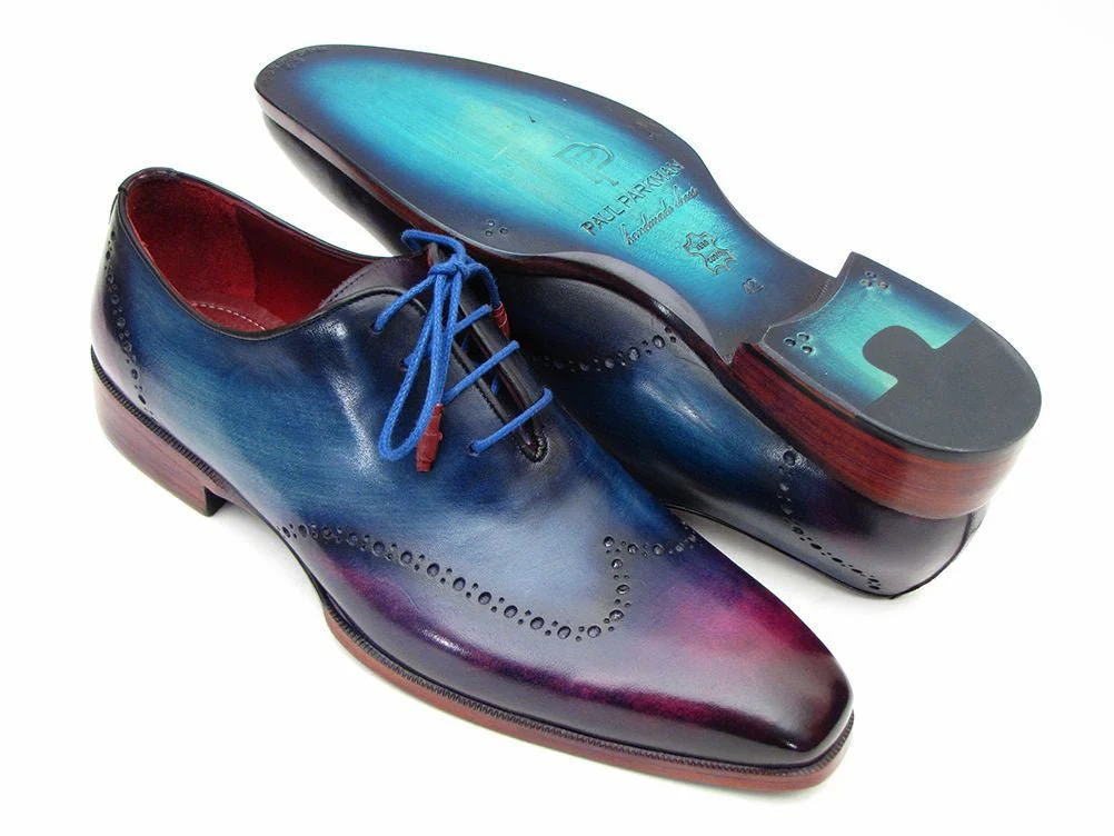 Paul Parkman Men's Hand-Painted Leather Wingtip Oxfords in Blue and Purple - Image 2