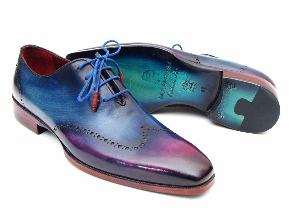 Paul Parkman Men's Hand-Painted Leather Wingtip Oxfords in Blue and Purple - Image 4