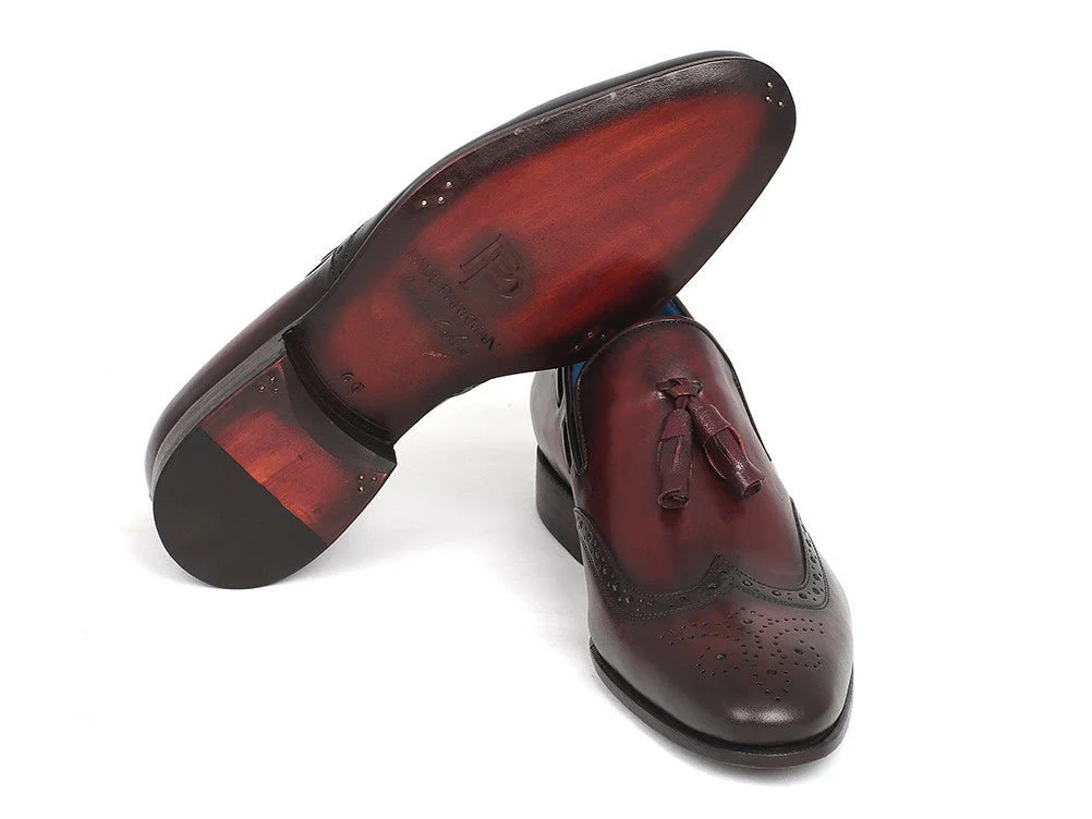 Paul Parkman Men's Hand-Painted Leather Wingtip Tassel Loafers in Bordeaux - Image 4