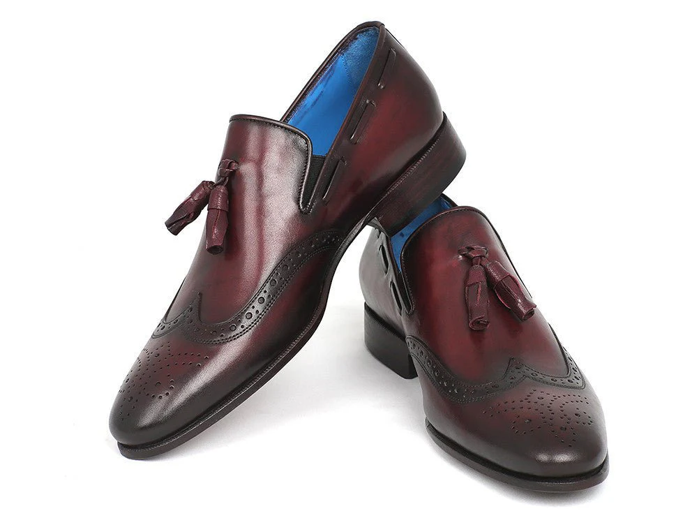 Paul Parkman Men's Hand-Painted Leather Wingtip Tassel Loafers in Bordeaux - Image 5
