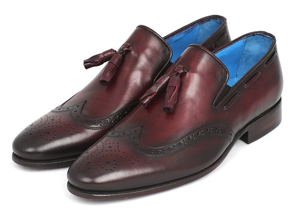 Paul Parkman Men's Hand-Painted Leather Wingtip Tassel Loafers in Bordeaux - Image 6
