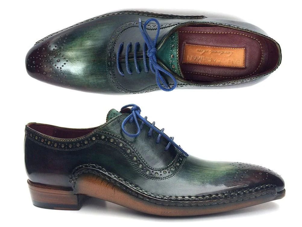 Paul Parkman Men's Hand-Painted Medallion Toe Leather Oxfords in Green and Purple