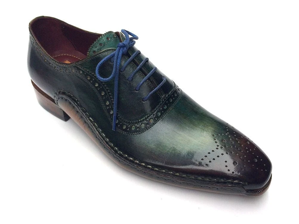 Paul Parkman Men's Hand-Painted Medallion Toe Leather Oxfords in Green and Purple - Image 6