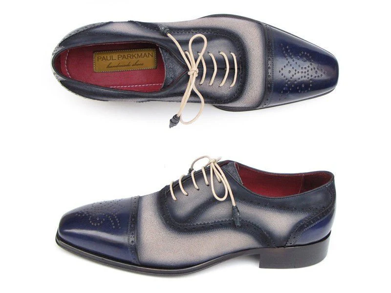 Paul Parkman Men's Hand-Painted Suede Captoe Oxfords in Navy and Beige