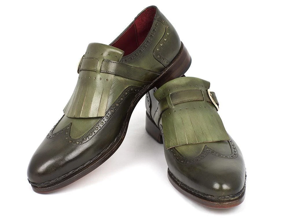Paul Parkman Men's Hand-Painted Wingtip Monkstrap Brogues in Green - Image 5