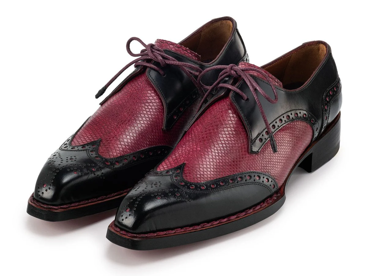 Paul Parkman Men's Hand-Welted Black and Red Leather Wingtip Derby Shoes (ID#170KRBRD) - Image 6