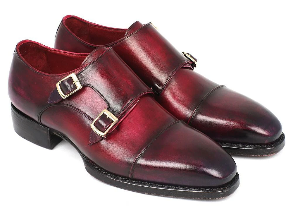 Paul Parkman Men's Hand-Welted Captoe Monkstraps in Purple and Burgundy