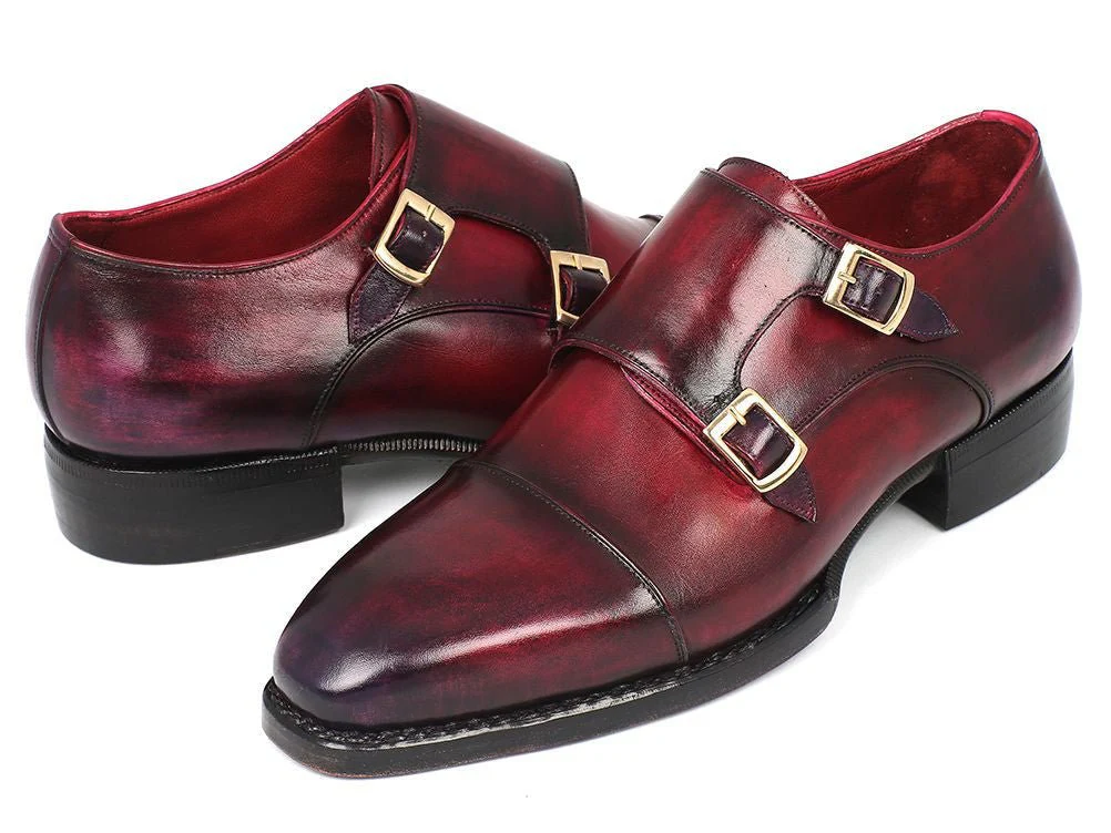 Paul Parkman Men's Hand-Welted Captoe Monkstraps in Purple and Burgundy - Image 4