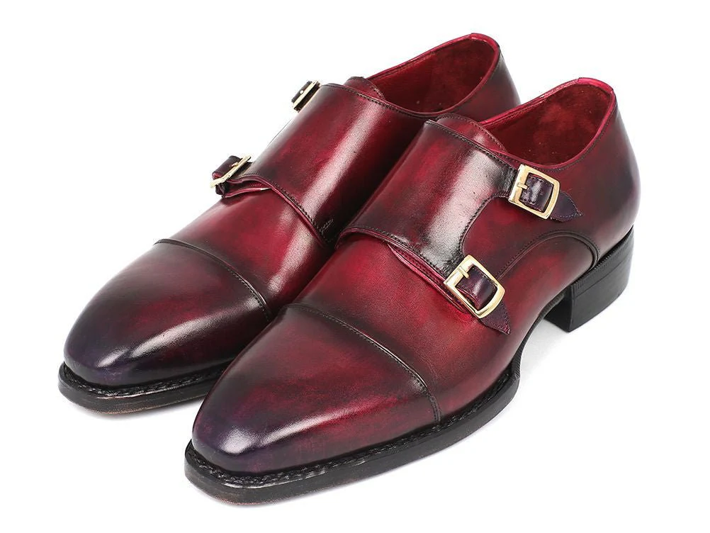 Paul Parkman Men's Hand-Welted Captoe Monkstraps in Purple and Burgundy - Image 5