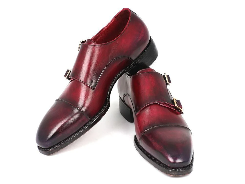 Paul Parkman Men's Hand-Welted Captoe Monkstraps in Purple and Burgundy - Image 6